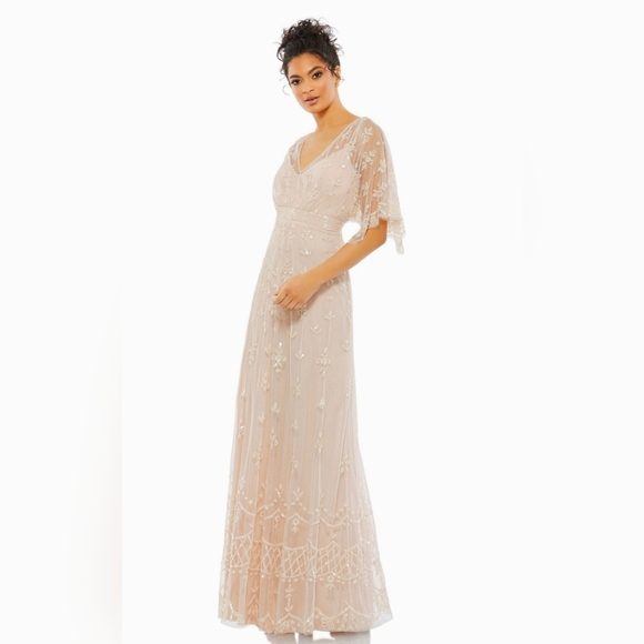 NWT Sz 18 Mac Duggal 9144 Blush V Neck Flutter Sleeve Embellished Sheath Gown - Picture 1 of 8